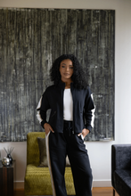 Load image into Gallery viewer, Two-T's - Track Pant - Black With Oat Ivory Stripe colour front shot
