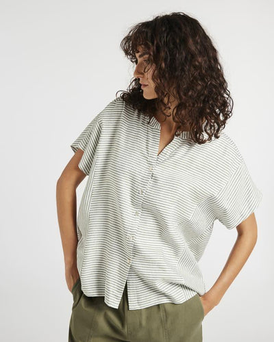 Yarra Trail - Boxy Stripe Shirt in Moss/ White colour front shot