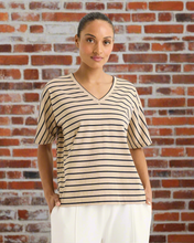 Load image into Gallery viewer, Yarra Trail - Carbon Stripe - Camel Marle/ Navy colour front shot
