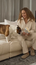 Load and play video in Gallery viewer, Goondiwindi Cotton - Barkly Cotton Track Pant - Birch colour, model sitting in a couch video
